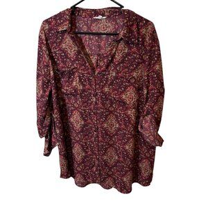 Maurices Womens XXL Burgundy & Pink Floral Pattern Button-Up Blouse